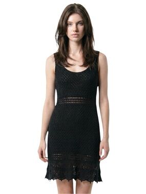 Textured Black Crochet Knit Sleeveless Dress with Nude Lining